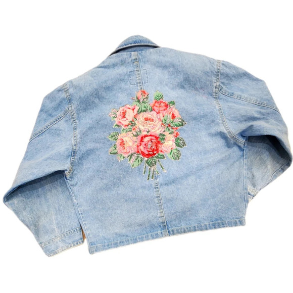 VINTAGE Y2K 80s LOGISTIX Floral Applicay Oversized  Crop Jean JACKET Women's M - Picture 3 of 6